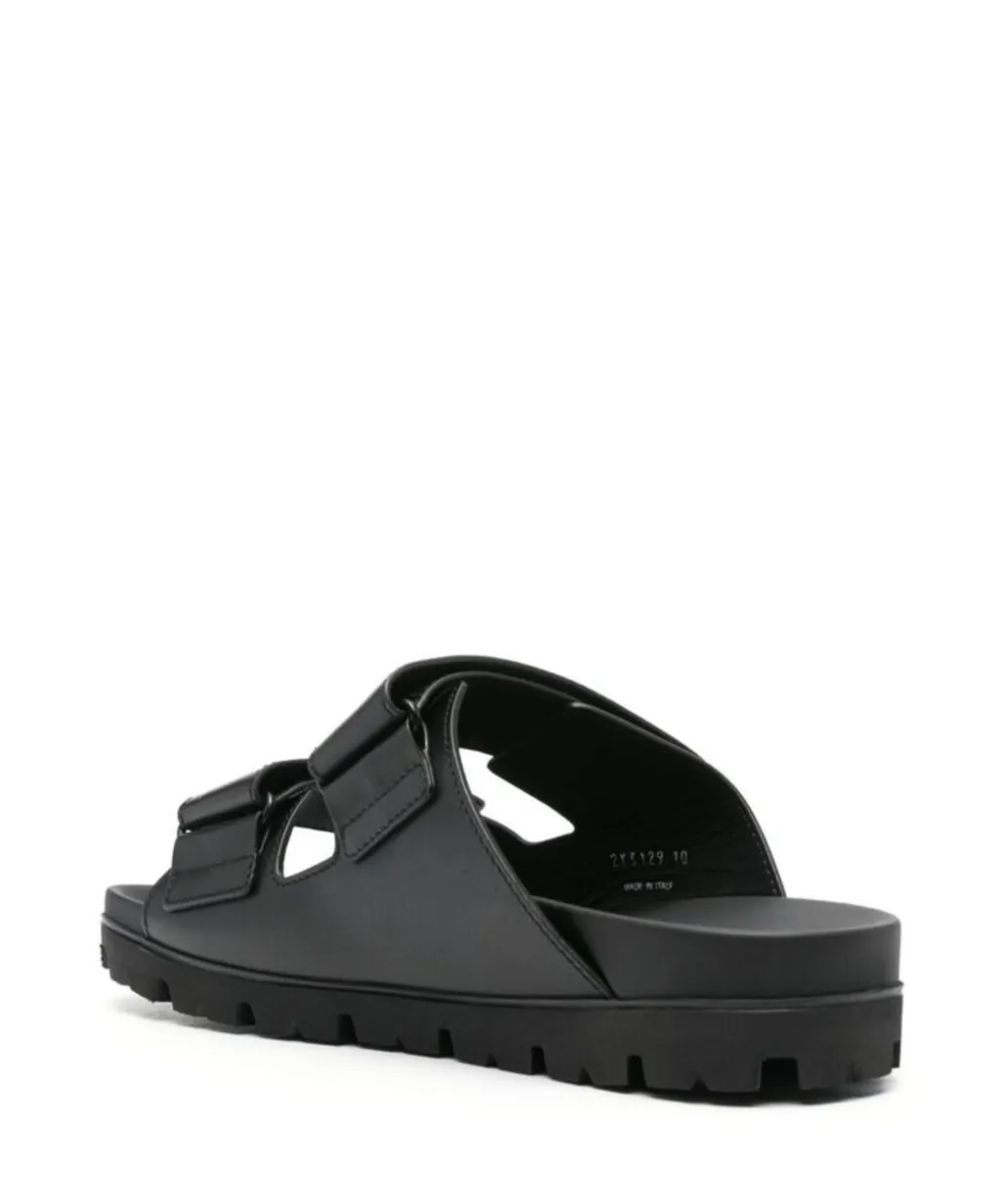 Prada Enamel-Triangle Slip-On Sandals