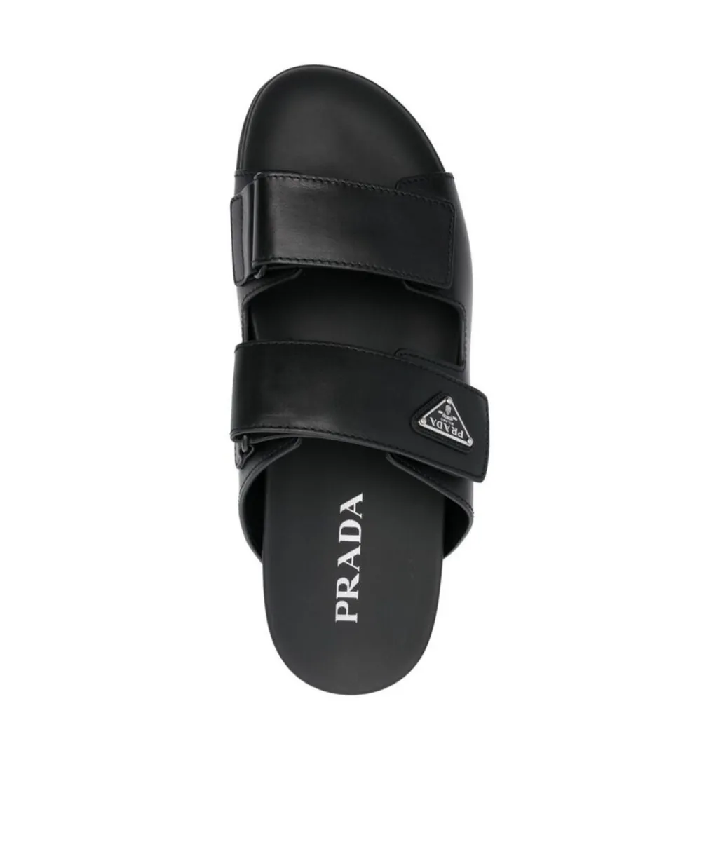 Prada Enamel-Triangle Slip-On Sandals