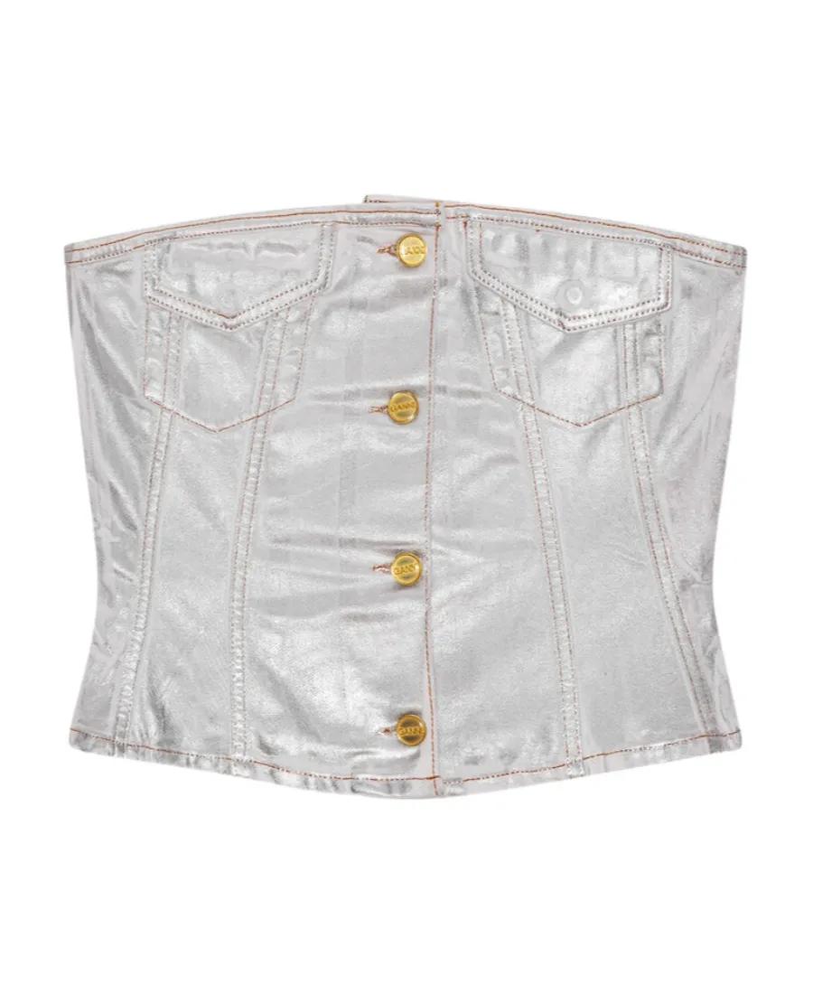Ganni Off-The-Shoulder Foil Denim Top