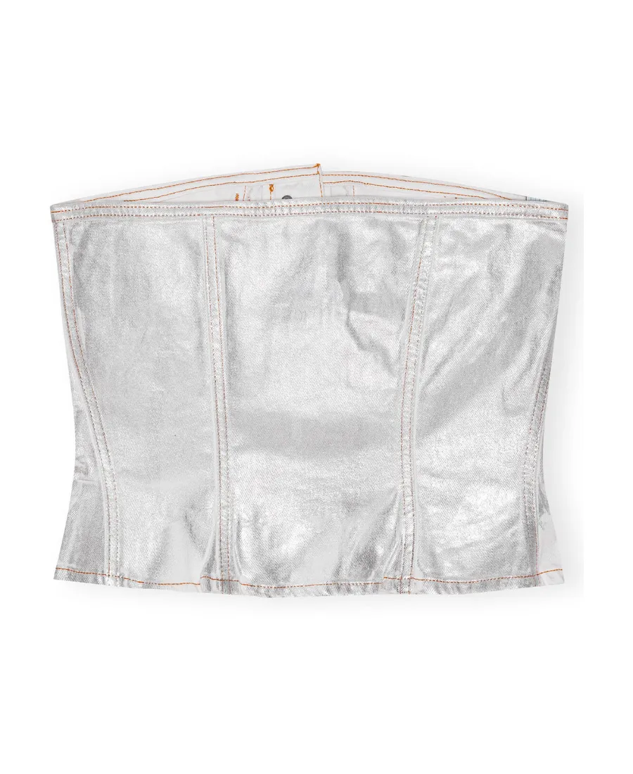 Ganni Off-The-Shoulder Foil Denim Top