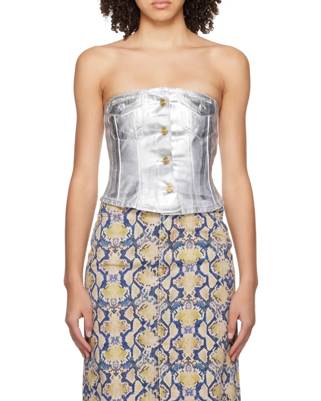Ganni Off-The-Shoulder Foil Denim Top