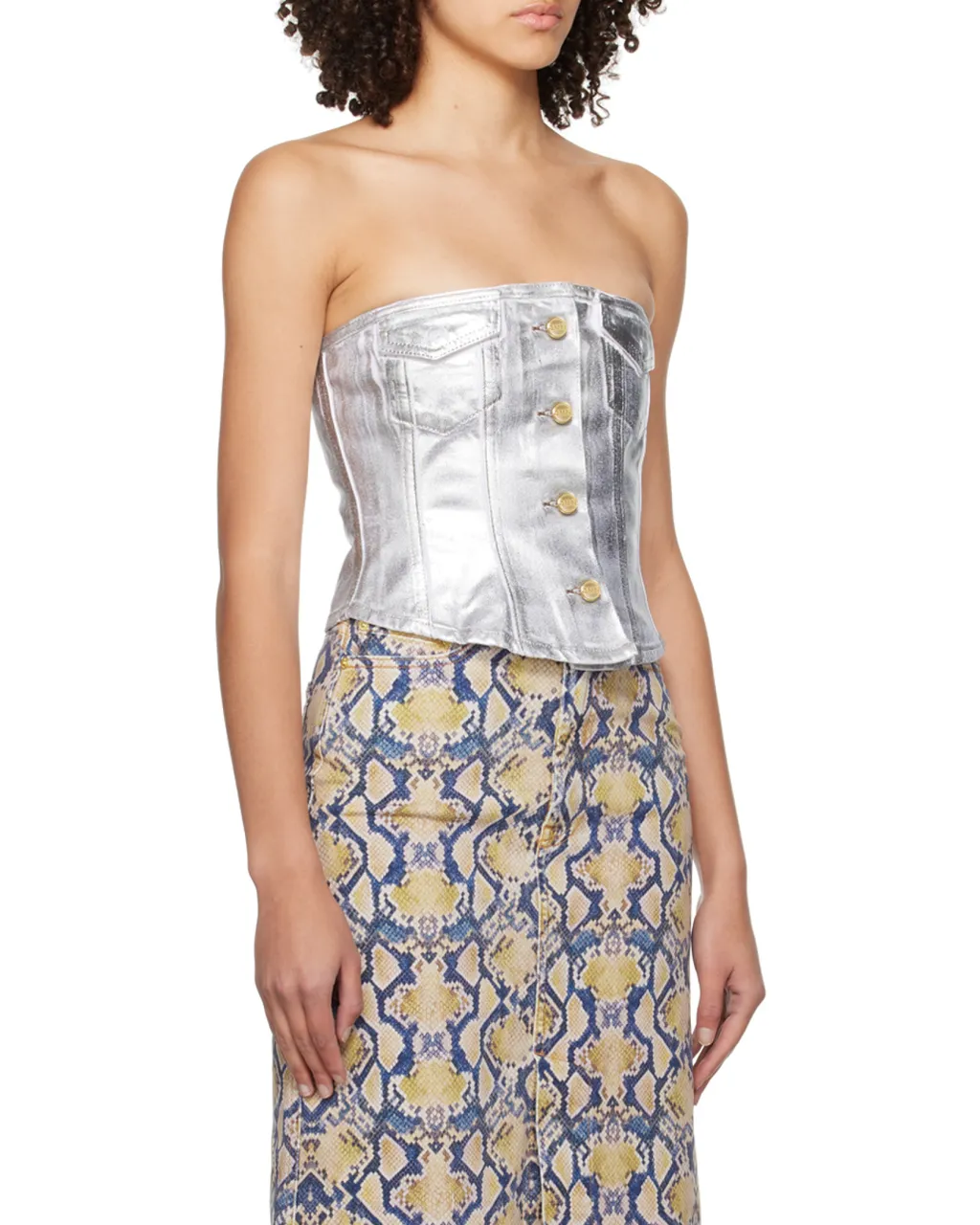 Ganni Off-The-Shoulder Foil Denim Top