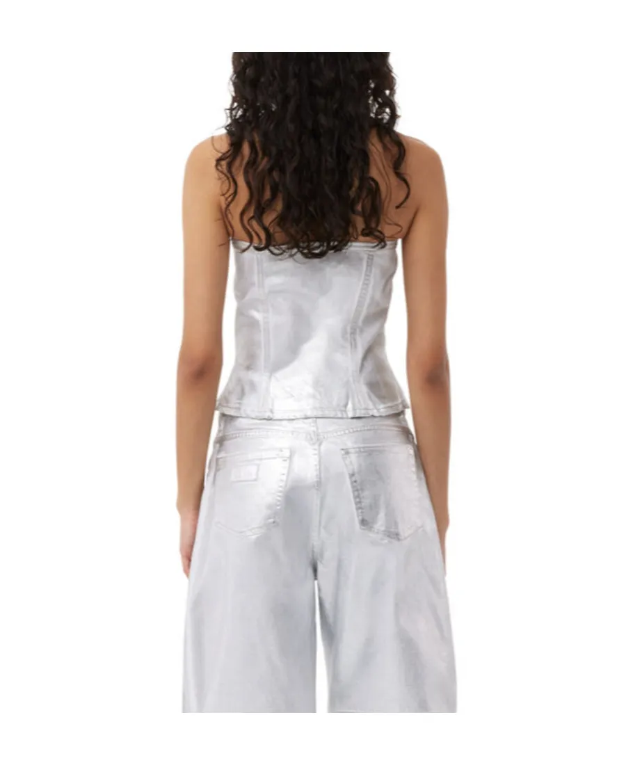 Ganni Off-The-Shoulder Foil Denim Top