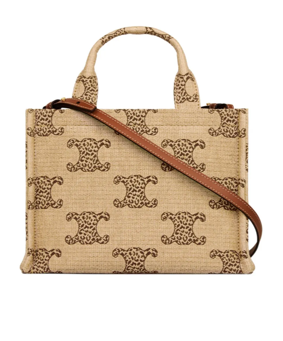 Small Cabas Thais In Raffia Effect Textile With Leopard Triomphe