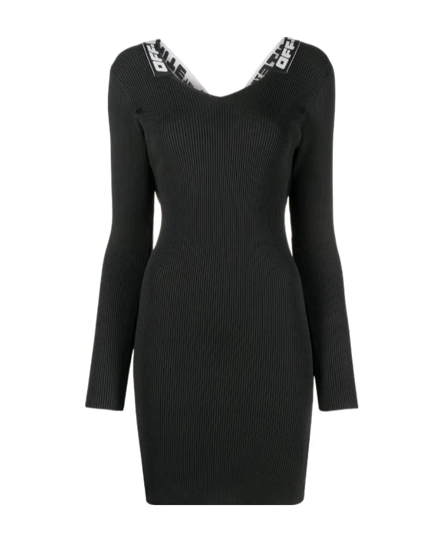 Off-White Logo Tape Long-Sleeved Ribbed Mini Dress