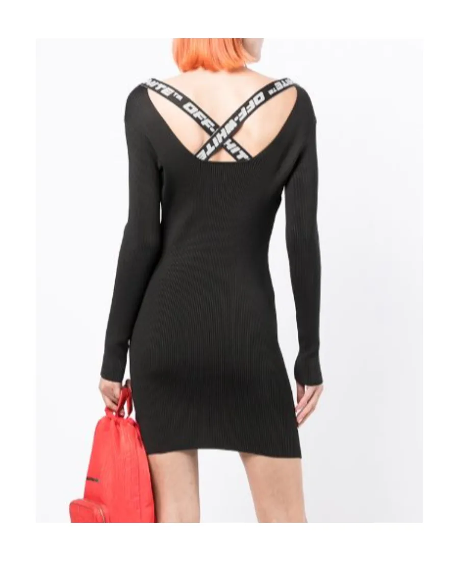Off-White Logo Tape Long-Sleeved Ribbed Mini Dress