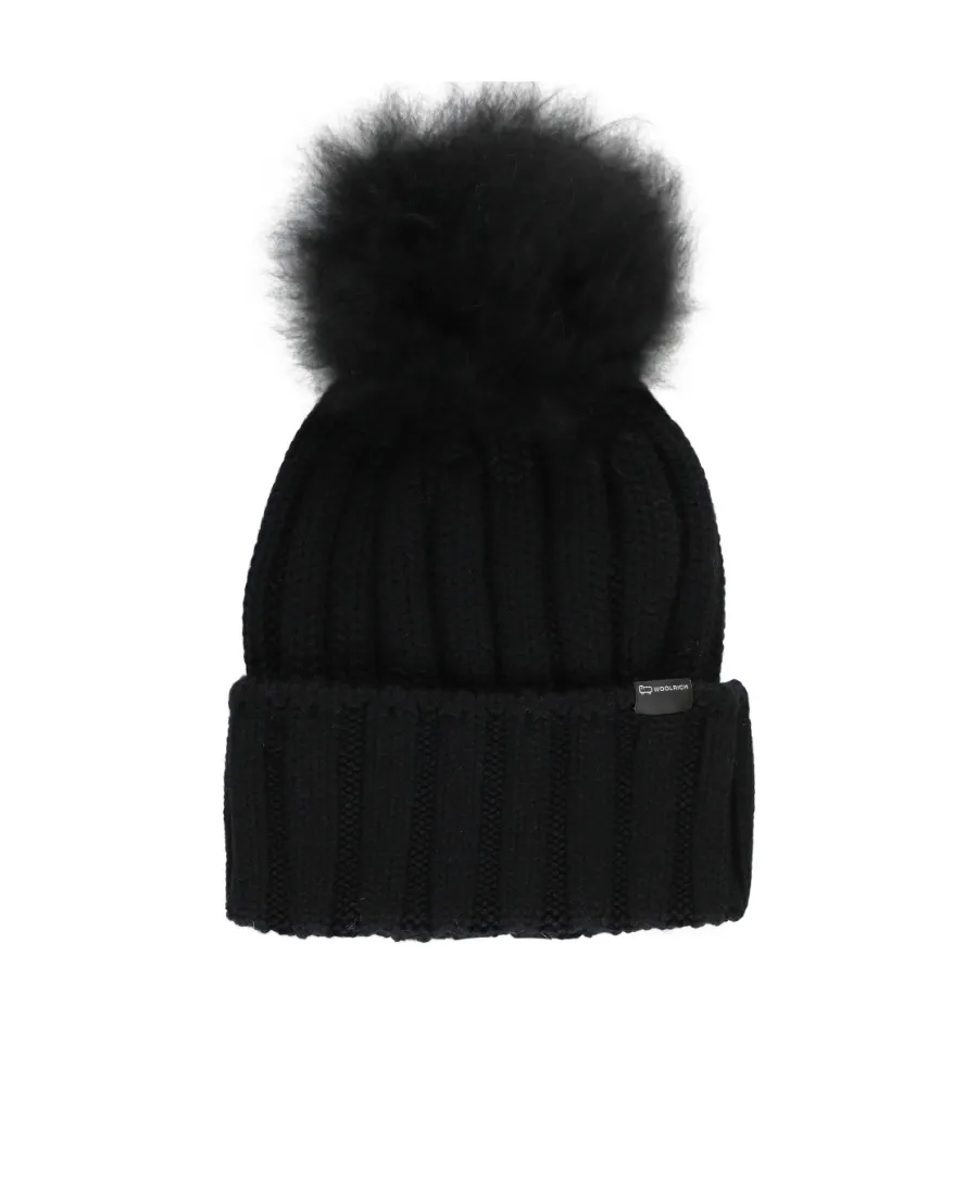 Woolrich Logo Patch Pompom Detailed Beanie
