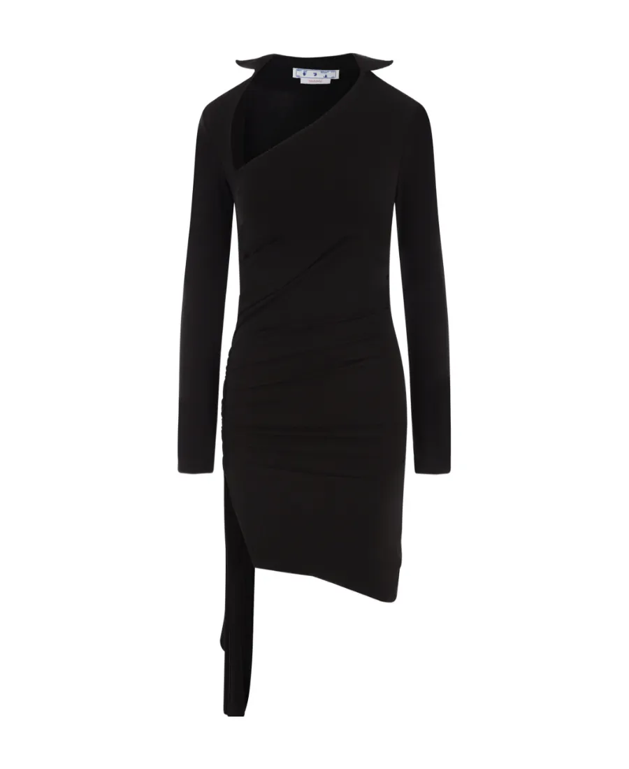 Off-White Asymmetric Ruched Long-Sleeved Mini Dress