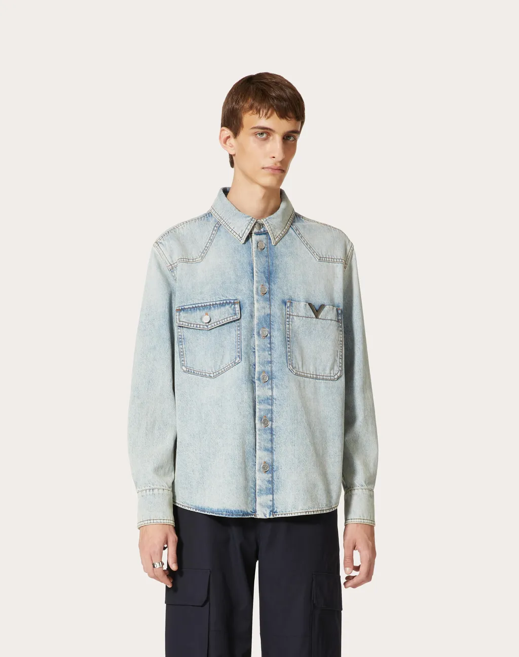 Valentino Logo Plaque Long-Sleeved Denim Shirt