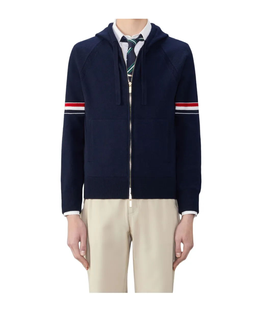Thom Browne Rwb Stripe Zipped Knitted Hoodie
