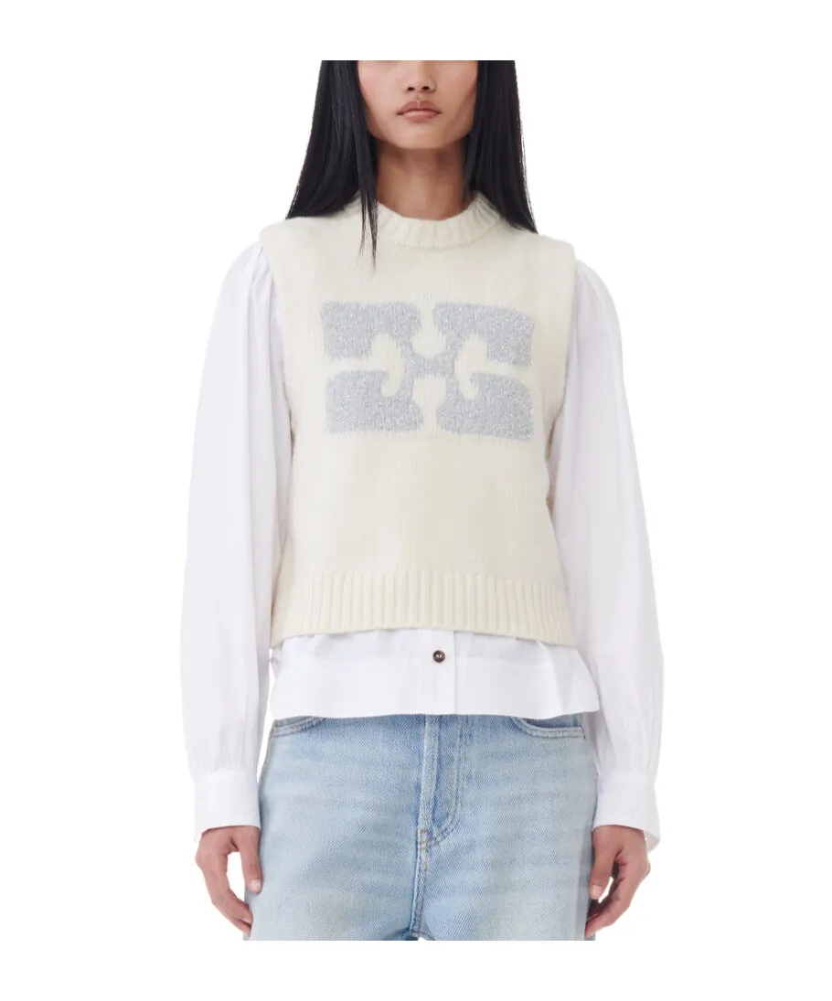 Ganni Glittery-Logo Crewneck Sleeveless Knitted Vest