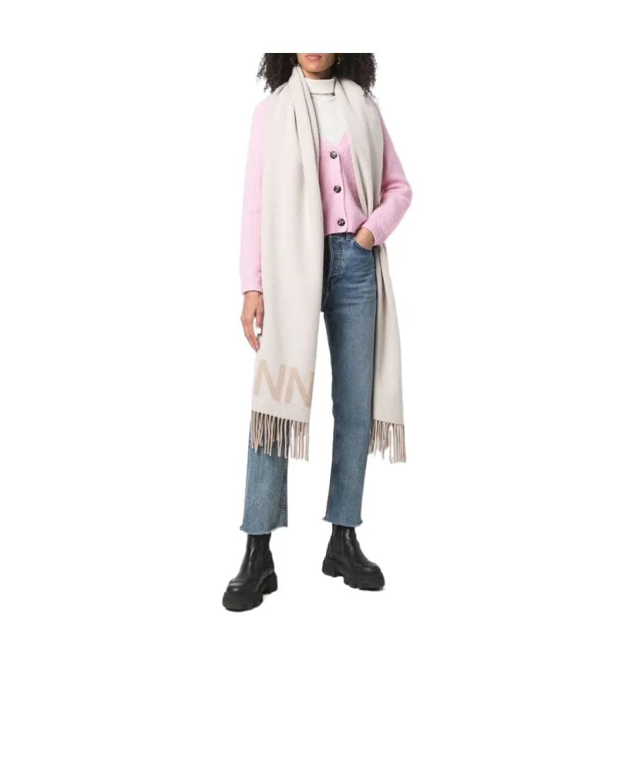 Ganni Logo Intarsia Fringed Scarf