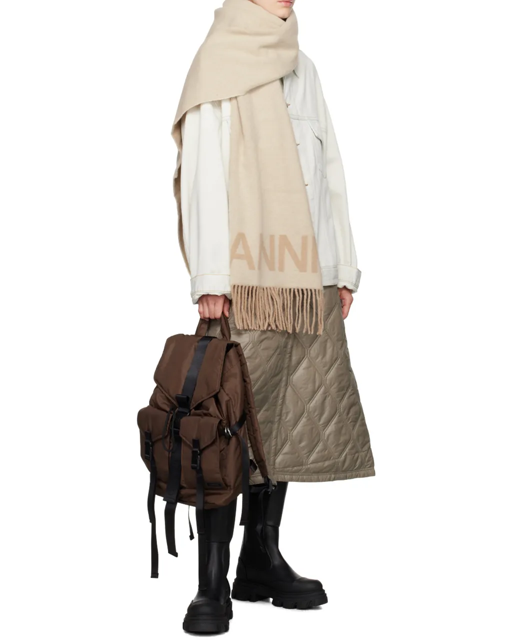 Ganni Logo Intarsia Fringed Scarf
