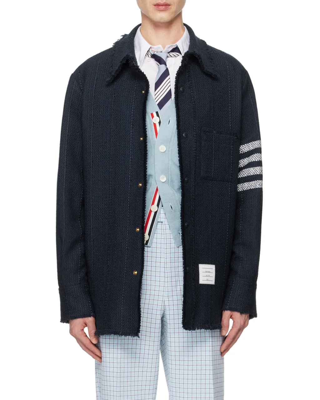 Thom Browne 4-Bar Striped Frayed Hem Overshirt
