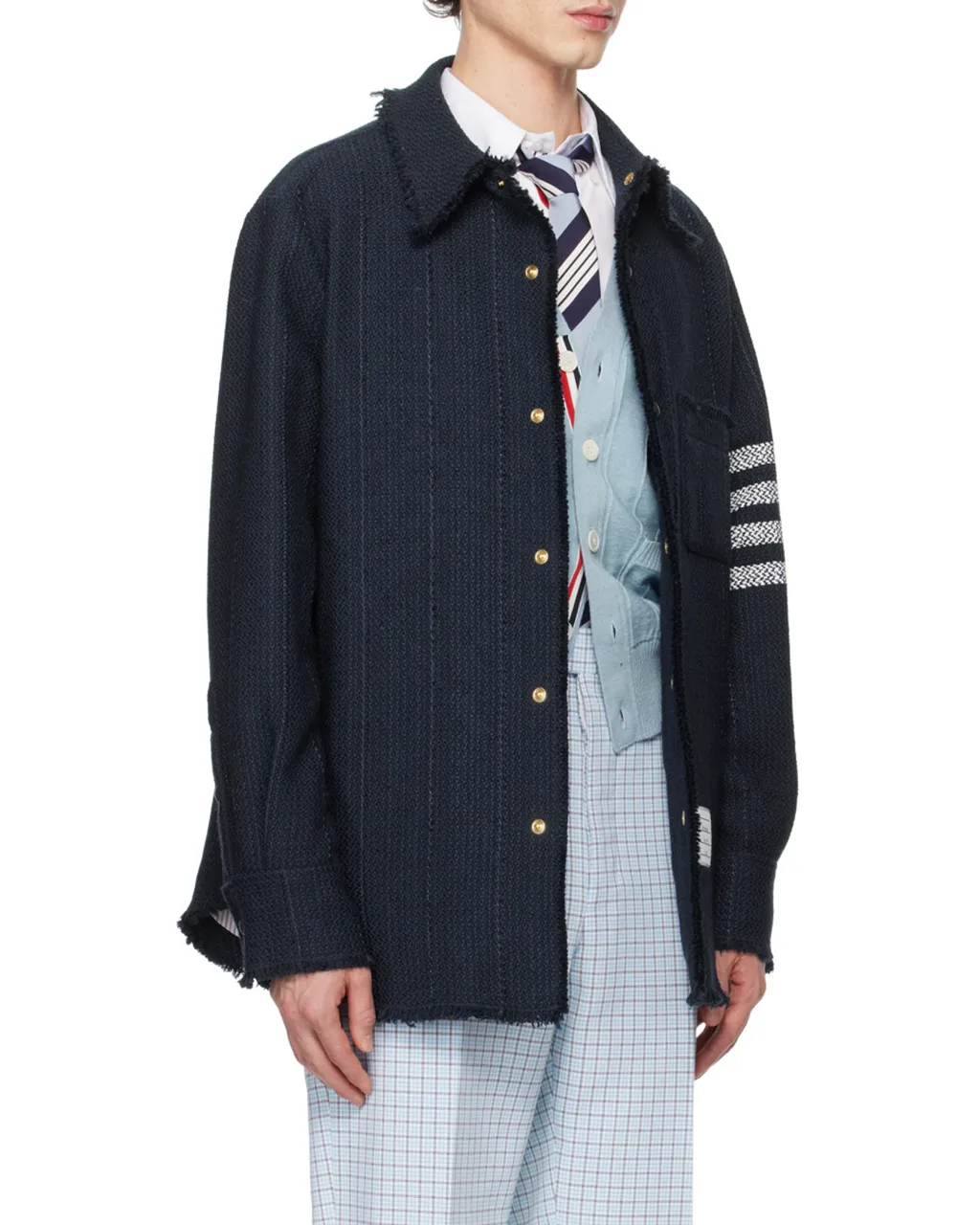 Thom Browne 4-Bar Striped Frayed Hem Overshirt
