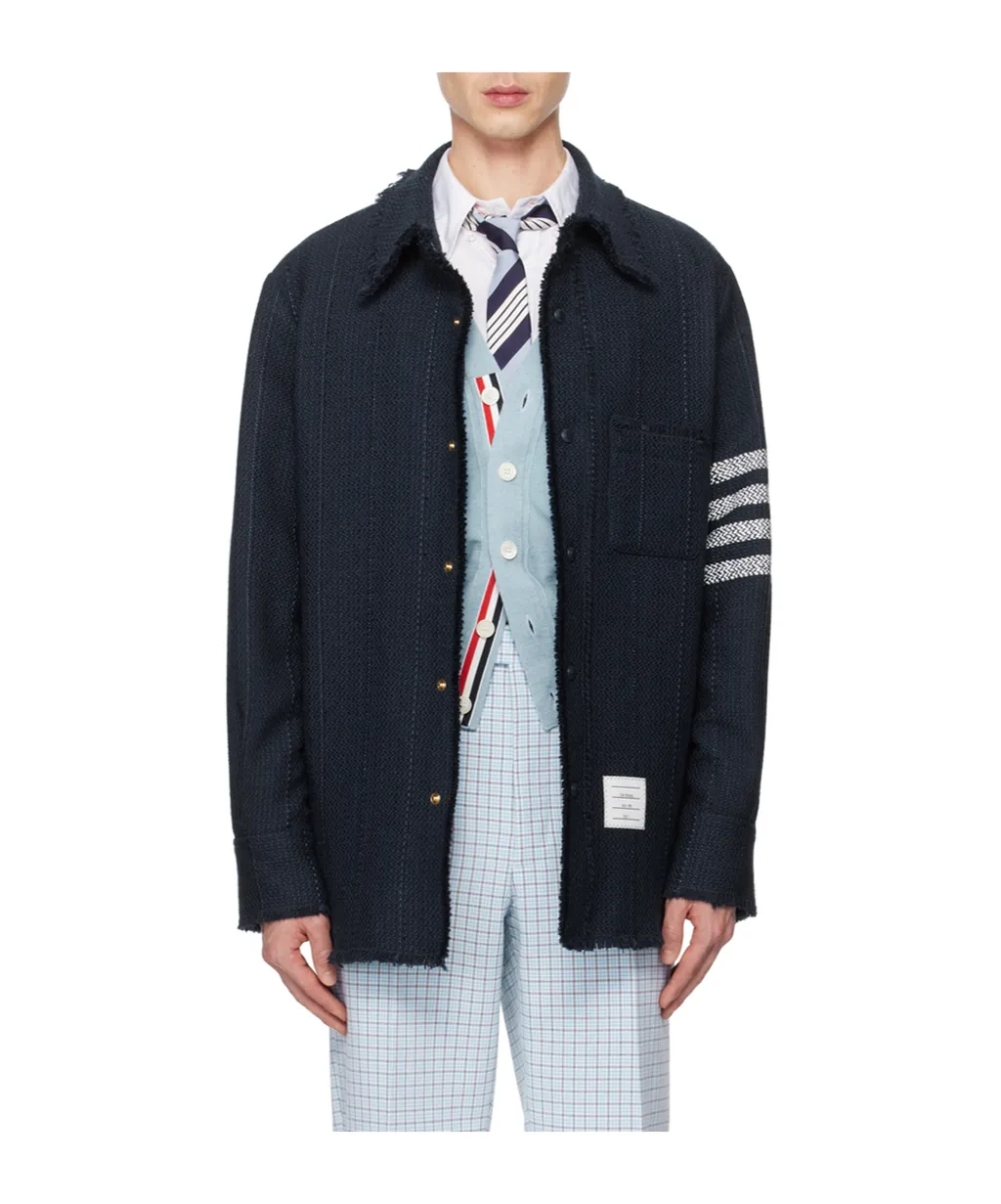 Thom Browne 4-Bar Striped Frayed Hem Overshirt