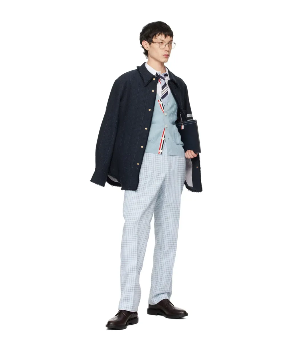 Thom Browne 4-Bar Striped Frayed Hem Overshirt
