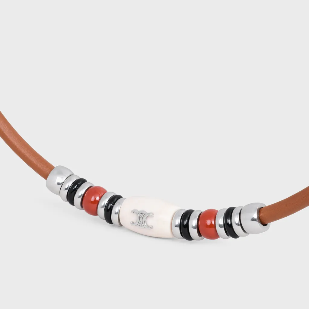 Celine Bay Stone Necklace In Calfskin, Brass, Onyx, Jasper And Marble