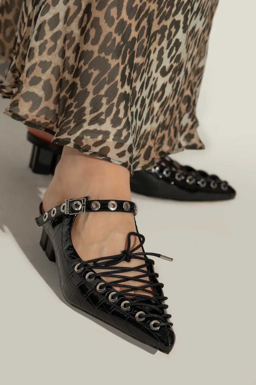 Ganni Lace-Up Oleatex Mules