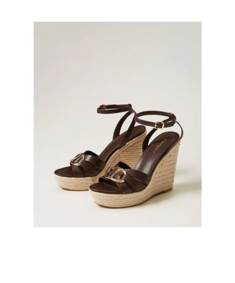 Twinset Leather And Rope Wedge Sandals