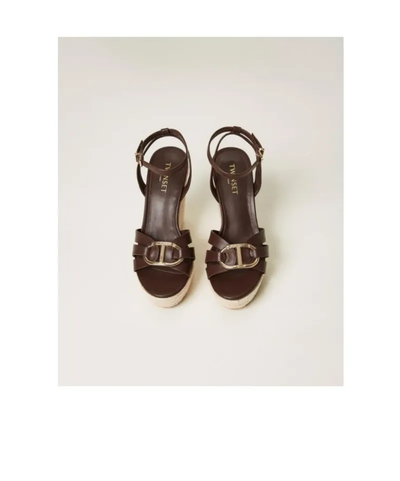 Twinset Leather And Rope Wedge Sandals