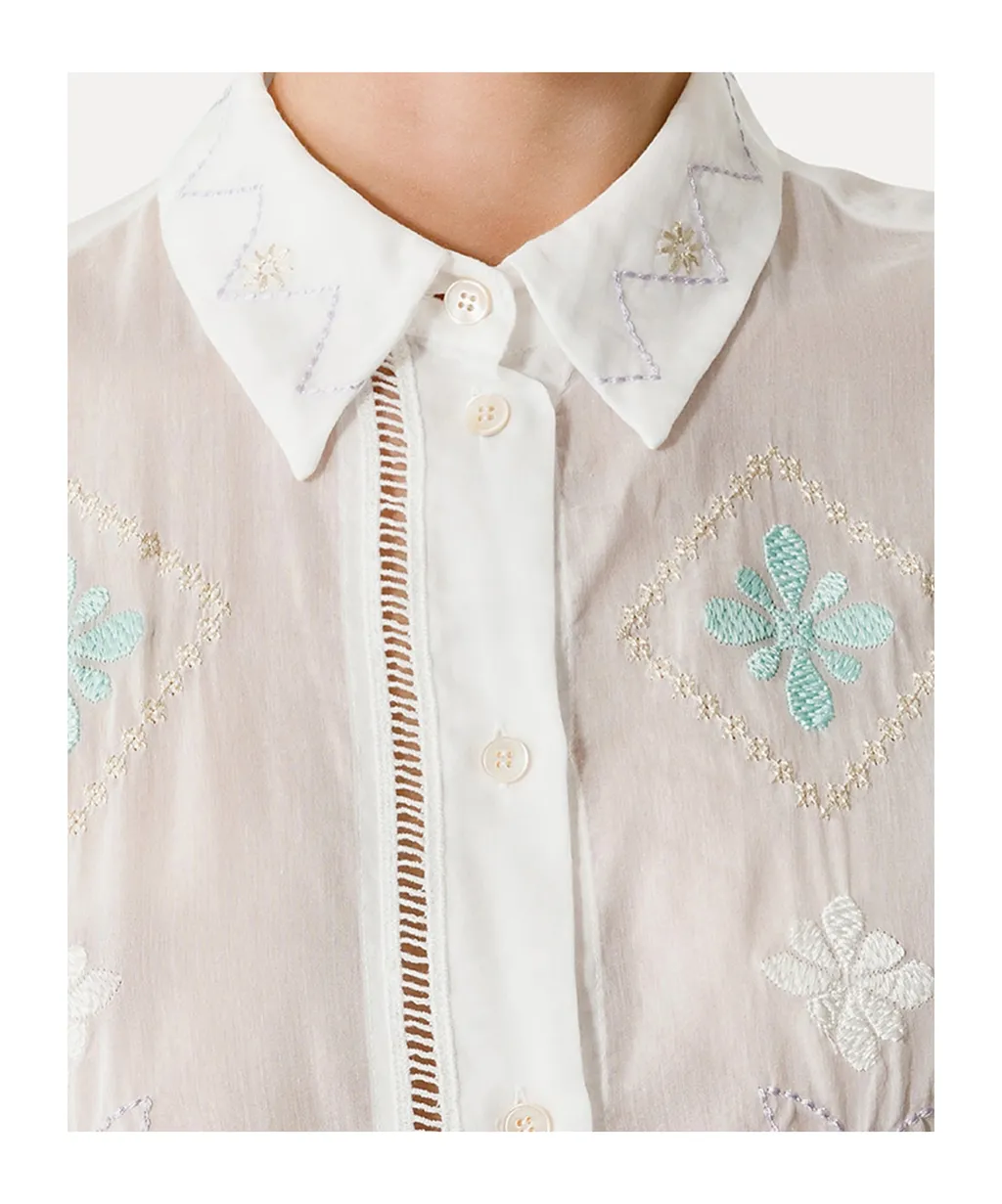 Half–Sleeve Voile Shirt With “Oniric Blossom” Embroidery Pattern