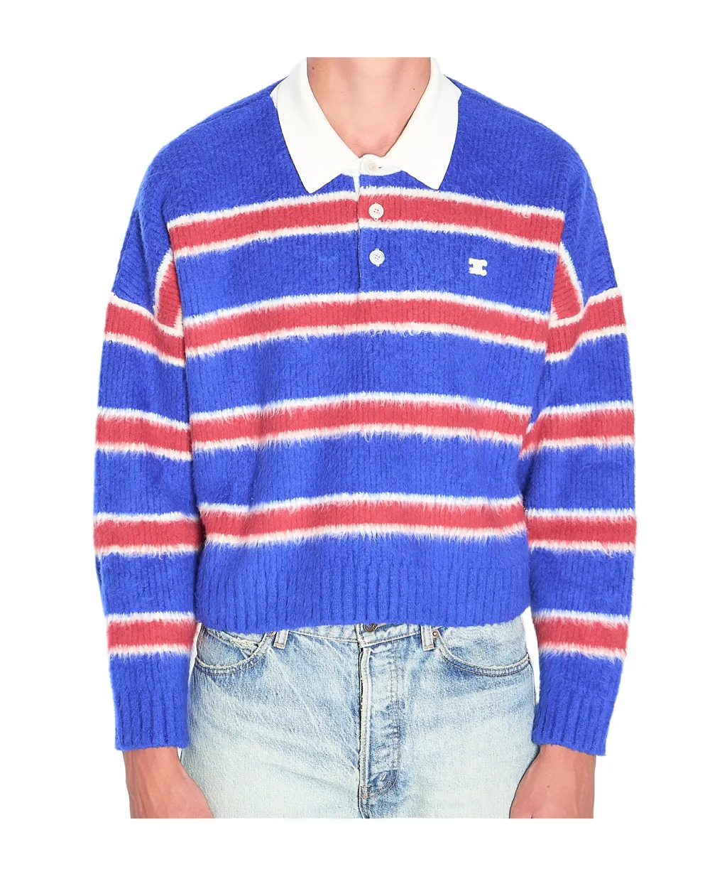 Polo Sweater In Brushed Striped Cotton