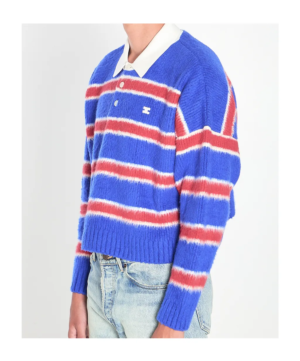 Polo Sweater In Brushed Striped Cotton