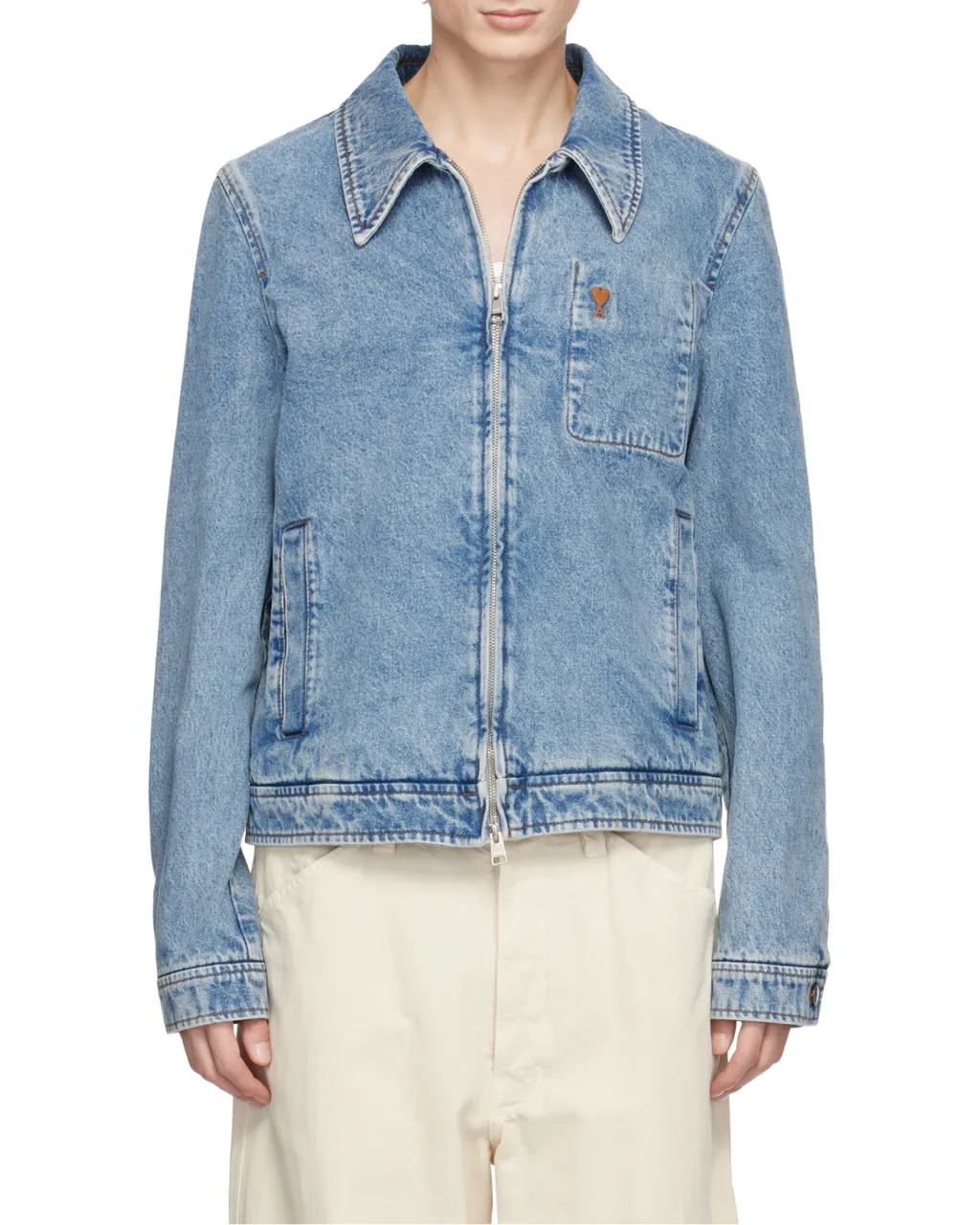Ami Paris Logo Embroidered Zipped Denim Jacket