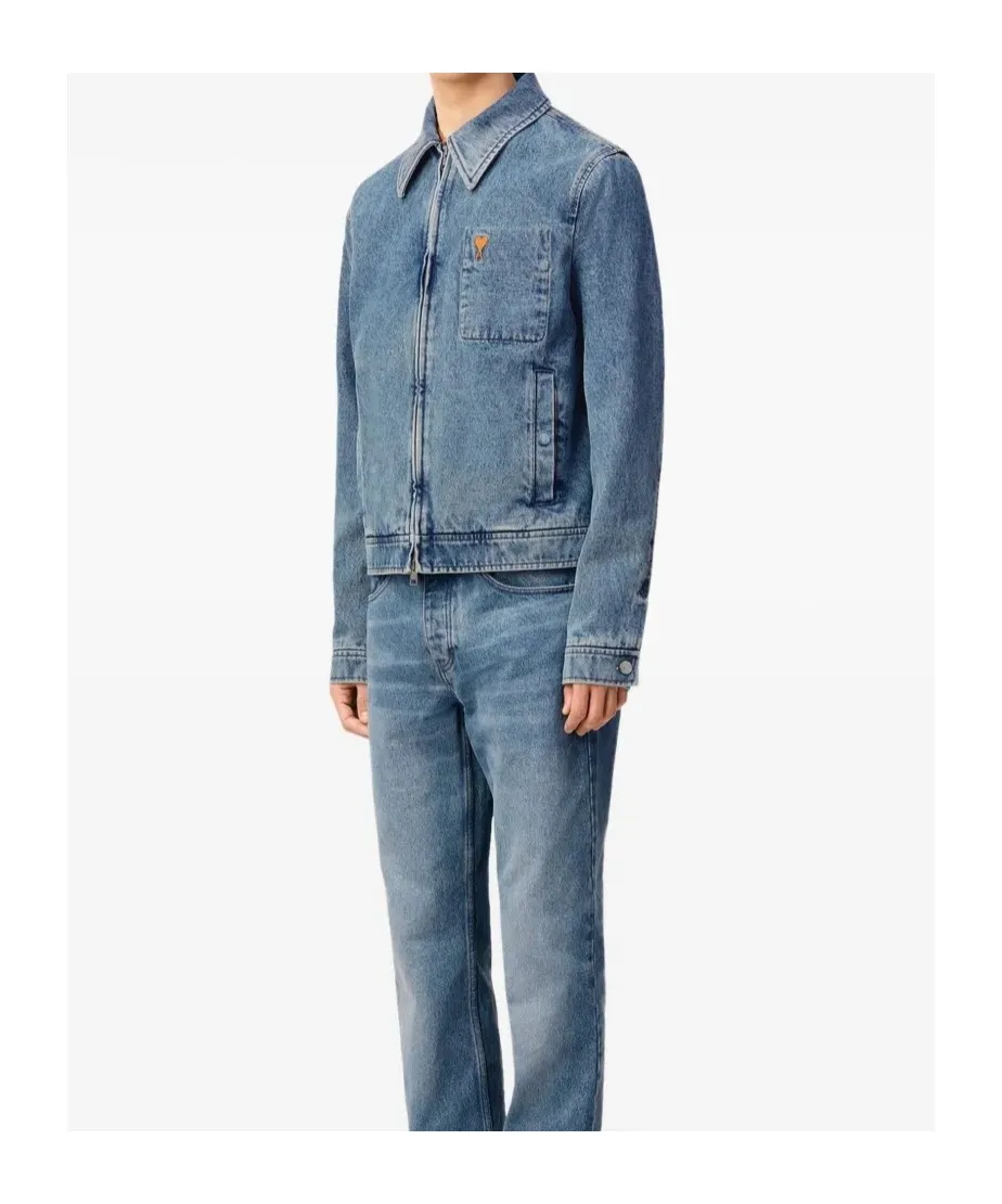 Ami Paris Logo Embroidered Zipped Denim Jacket