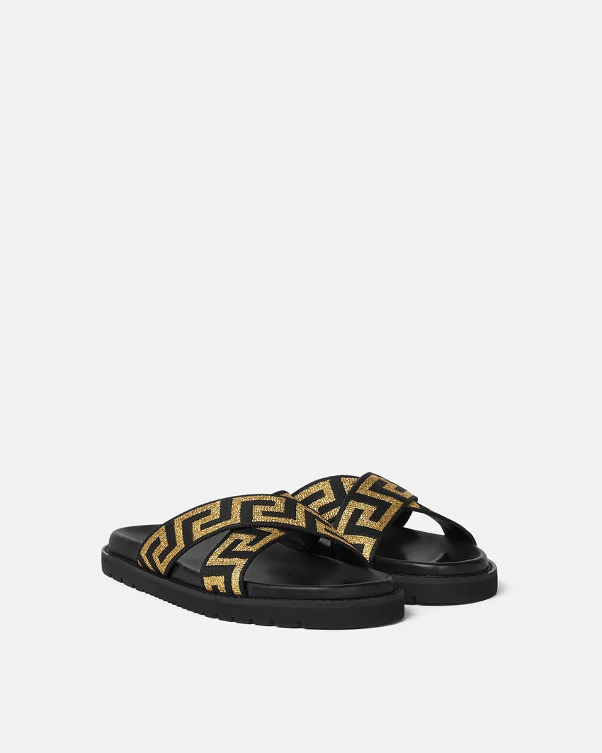 Versace Greca-Embellished Open-Toe Slides
