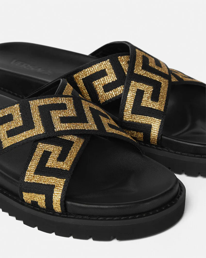 Versace Greca-Embellished Open-Toe Slides
