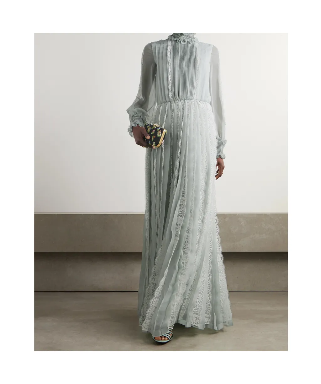 Ruffled Lace-Trimmed Pleated Silk-Chiffon Gown