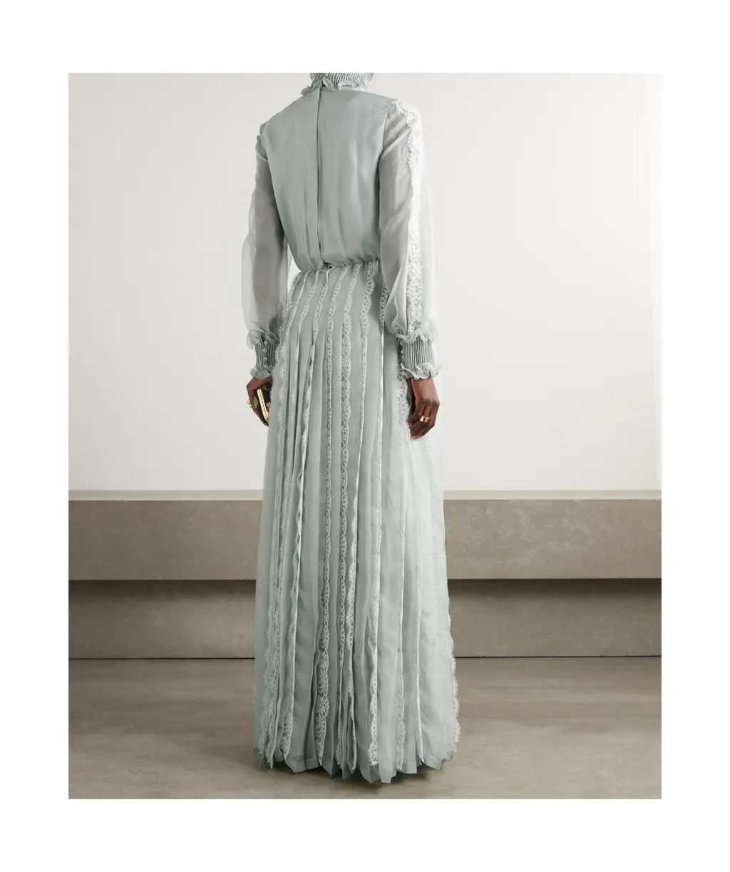 Ruffled Lace-Trimmed Pleated Silk-Chiffon Gown