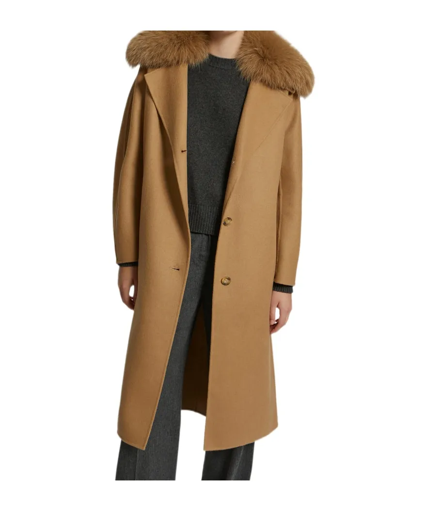 Long Belted Coat In Cashmere Wool With Fox Fur Collar