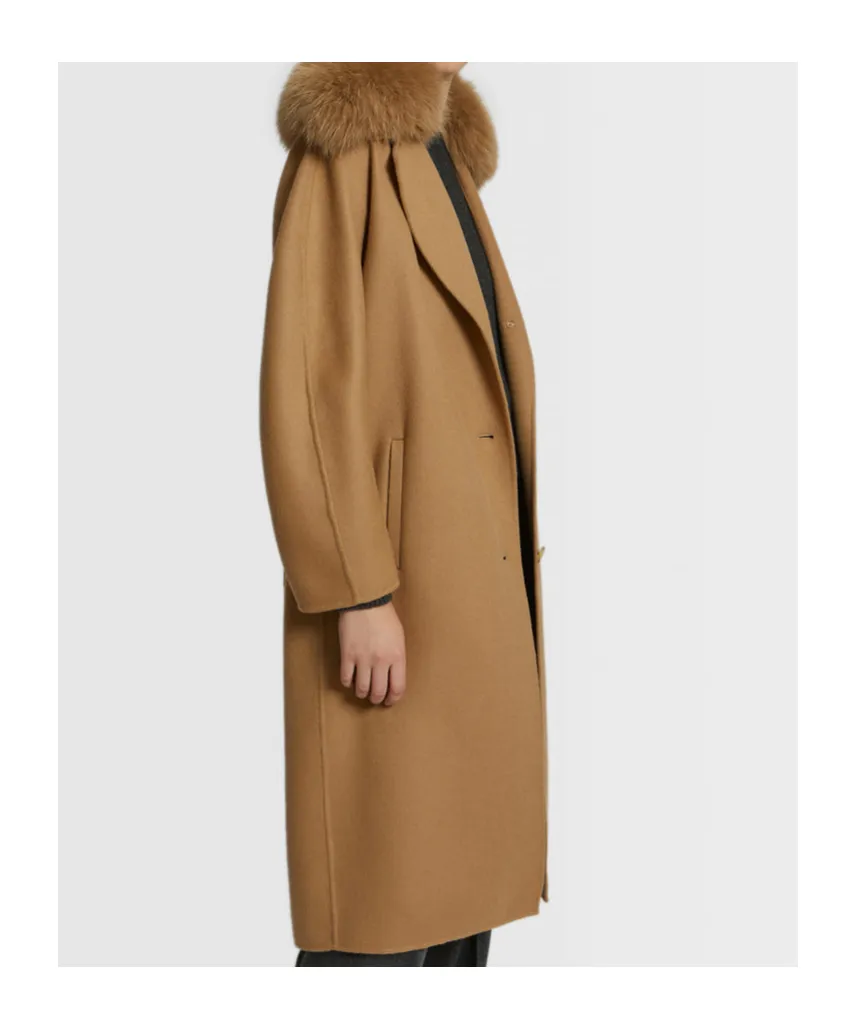 Long Belted Coat In Cashmere Wool With Fox Fur Collar