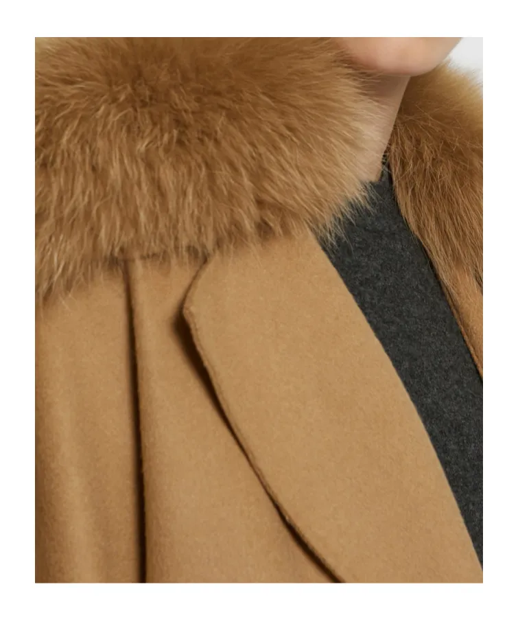 Long Belted Coat In Cashmere Wool With Fox Fur Collar