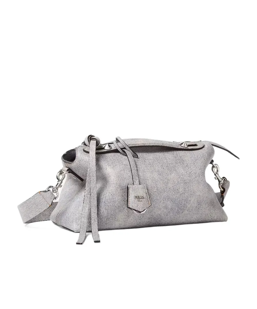 Gray Leather Bag With A Faded Denim Effect.