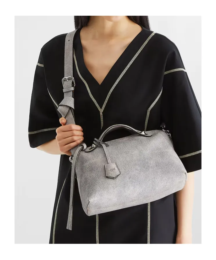 Gray Leather Bag With A Faded Denim Effect.