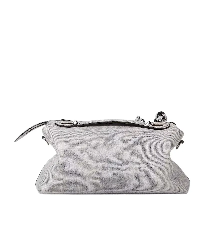 Gray Leather Bag With A Faded Denim Effect.