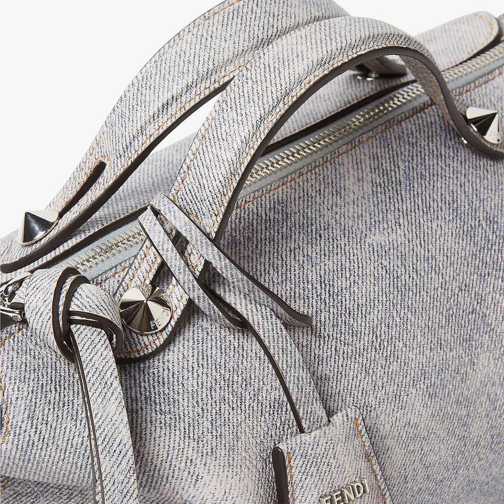 Gray Leather Bag With A Faded Denim Effect.