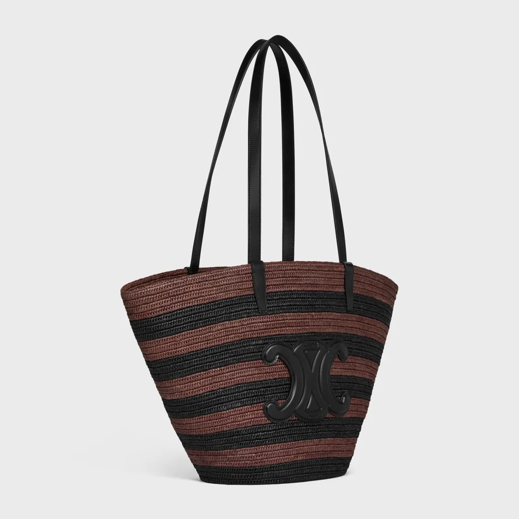 Couffin Celine Classic Panier In Striped Raffia And Calfskin