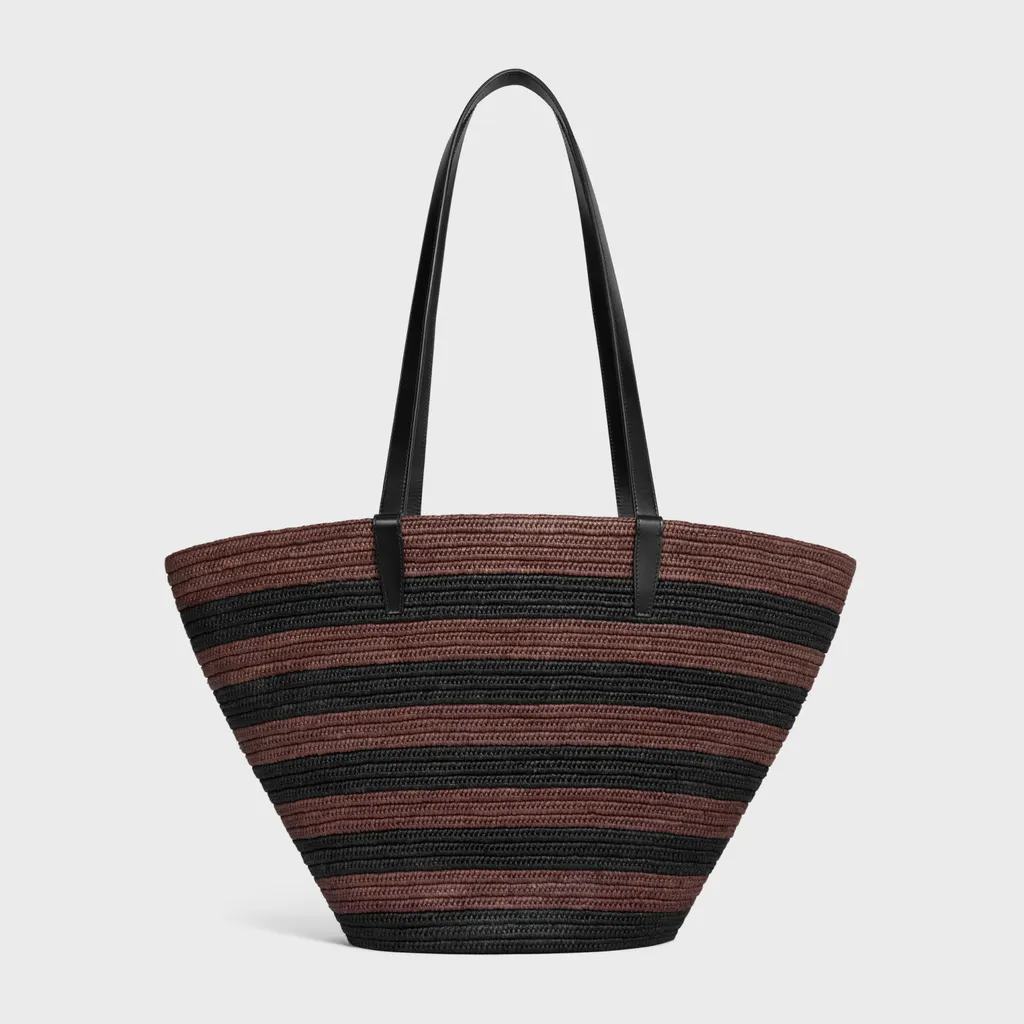 Couffin Celine Classic Panier In Striped Raffia And Calfskin