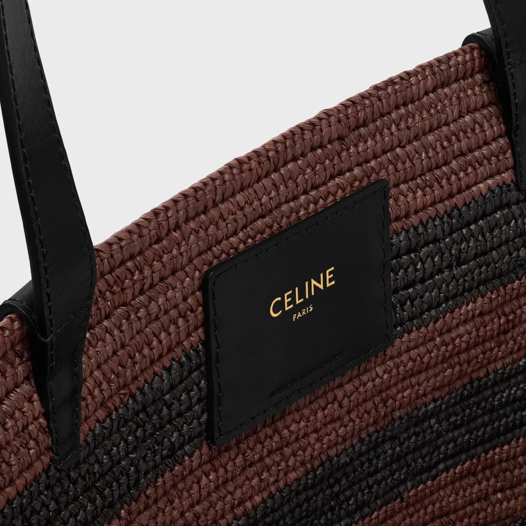 Couffin Celine Classic Panier In Striped Raffia And Calfskin