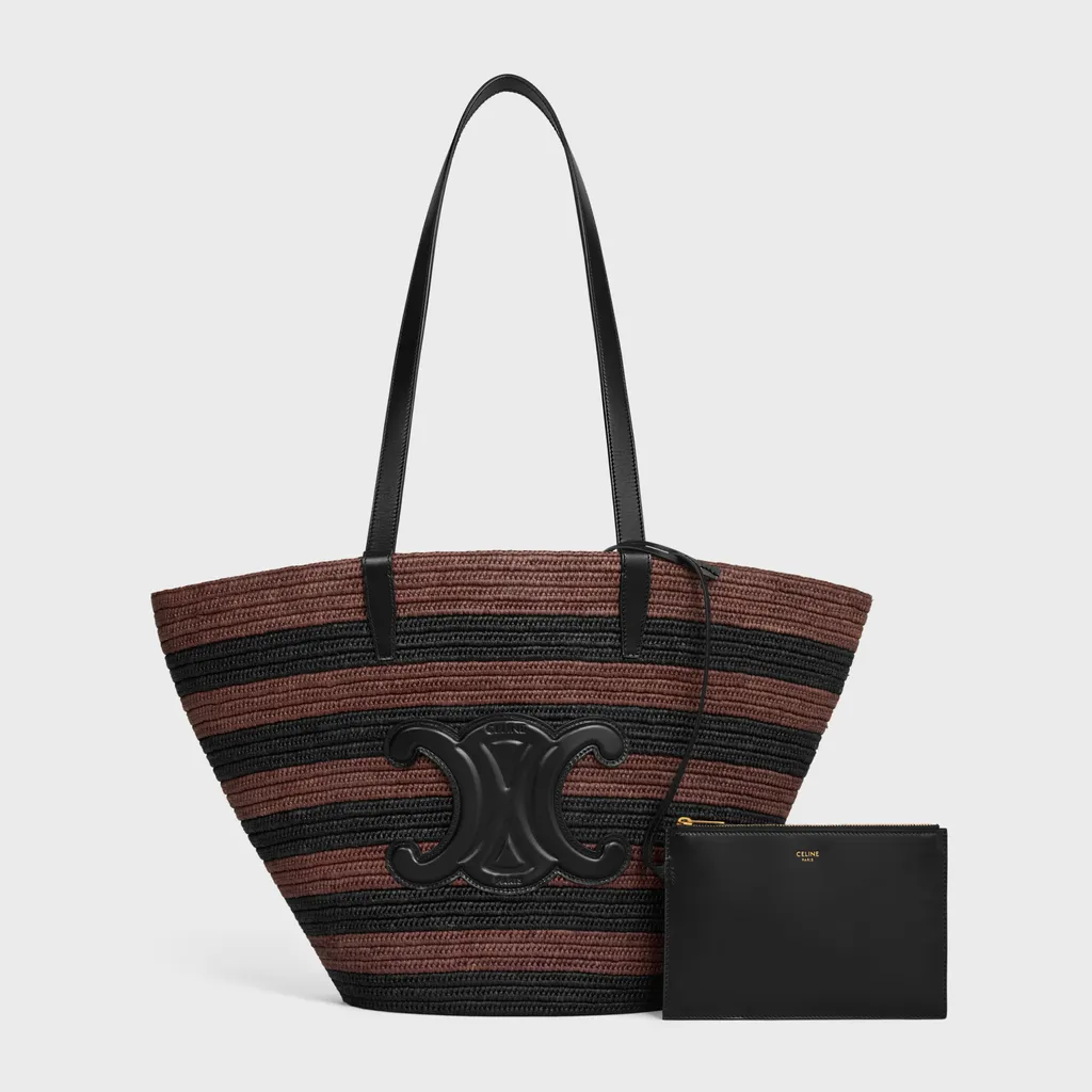 Couffin Celine Classic Panier In Striped Raffia And Calfskin