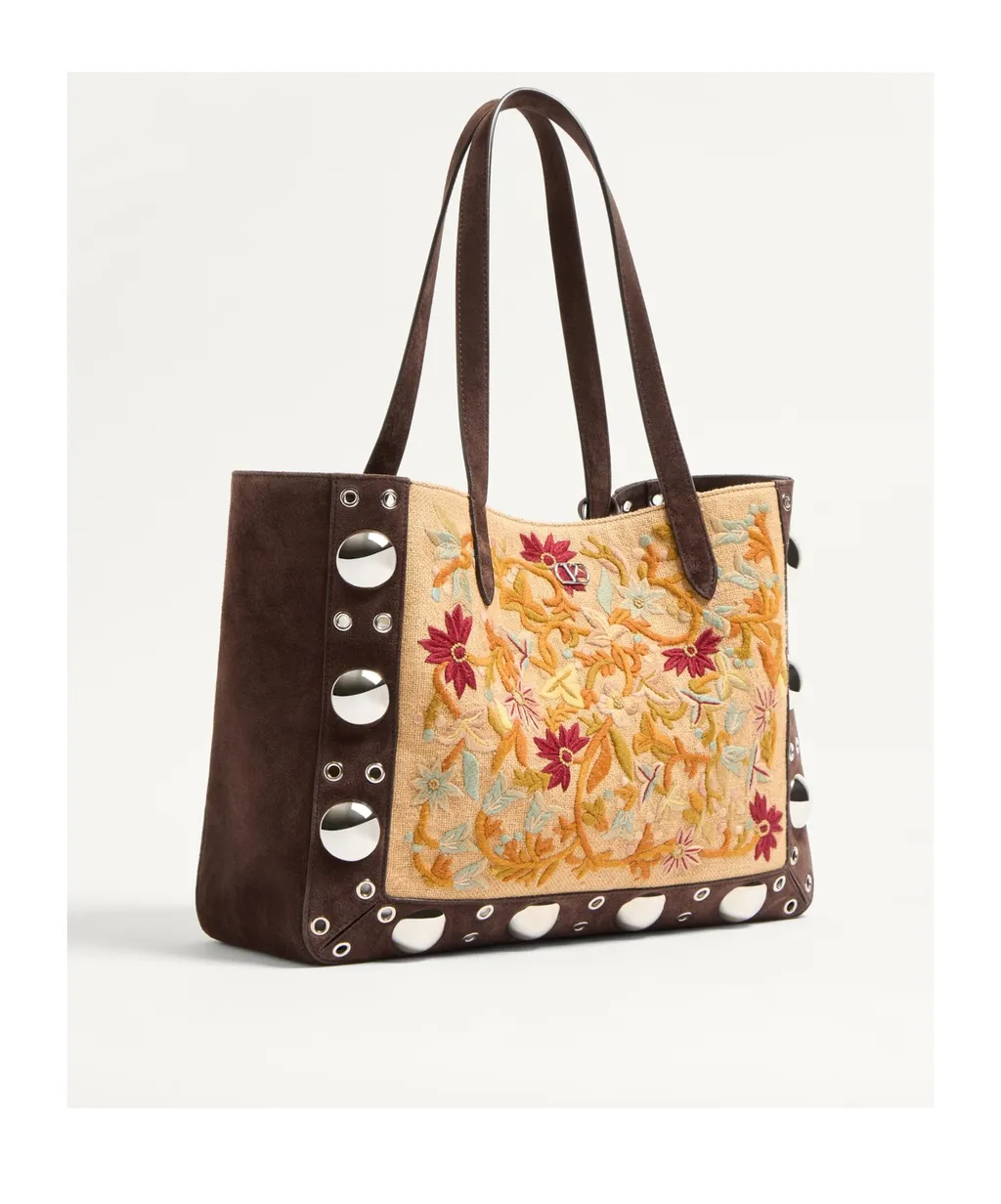 Valentino Vlogo Plaque Floral Embroidered Tote Bag