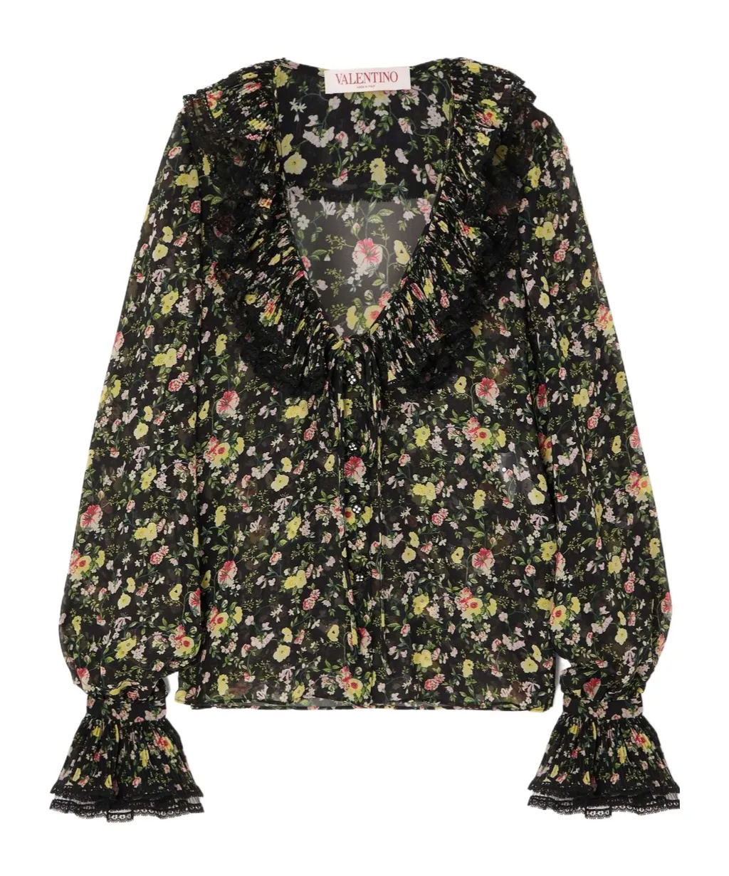 Ruffled Printed Silk Shirt