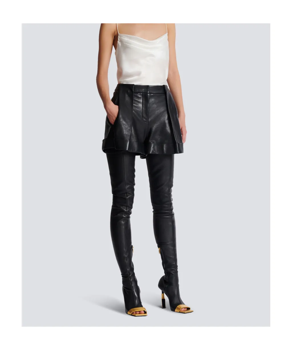 Balmain Turn-Up Hem Pleated Leather Shorts