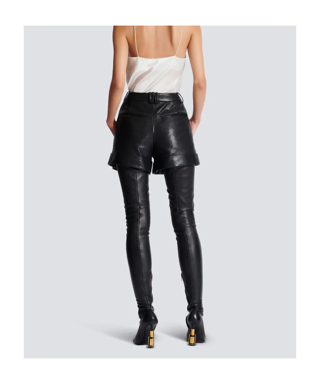 Balmain Turn-Up Hem Pleated Leather Shorts