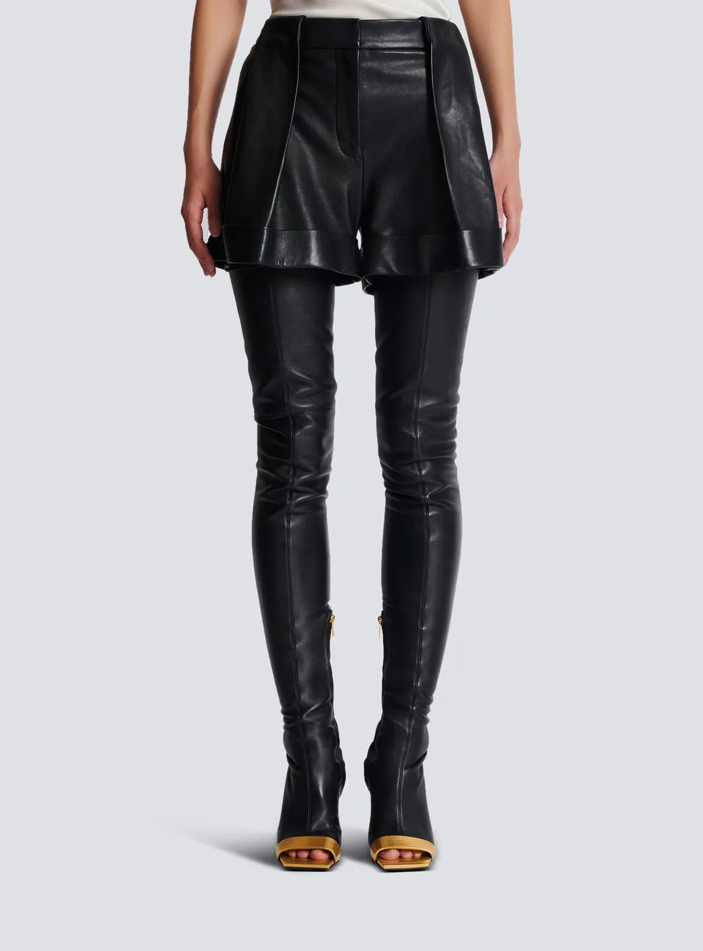 Balmain Turn-Up Hem Pleated Leather Shorts